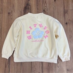 White Fox Yellow Sweatshirt Size M/L Blue Flower/Pink Font